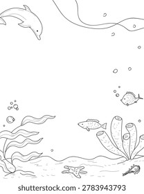 The ocean floor is filled with corals, fish and algae, a hand-drawn sketch. vector illustration. A postcard template with cheerful dolphins on the theme of International Ocean Day