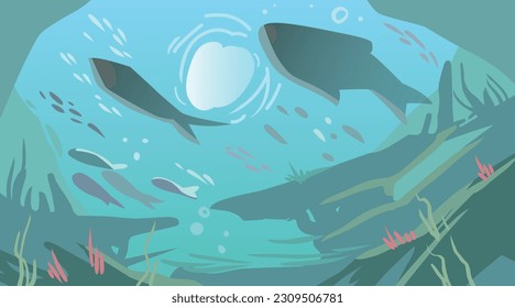 Ocean floor marine life background. Undersea with corals and seaweed, sea bottom, vector illustration