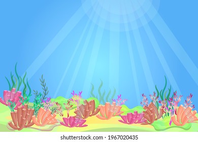 Ocean floor. Seaweed, sunbeams shine under water. Vector illustration