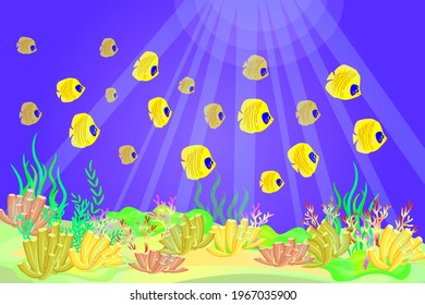 Ocean floor. Seaweed, sunbeams shine under water. Cute tropical yellow and blue butterfly fish.Vector illustration