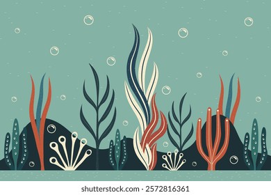 ocean floor with seaweeds minimalistic flat vector illustration