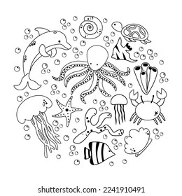 Ocean flora and fauna in the circle shape. Sea animals drawn in line art style on white background. Coloring book page design for adults and kids EPS