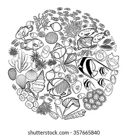 Ocean flora and fauna in the circle shape. Fish, seashells, seaweed and corals drawn in line art style on white background. Coloring book page design for adults and kids