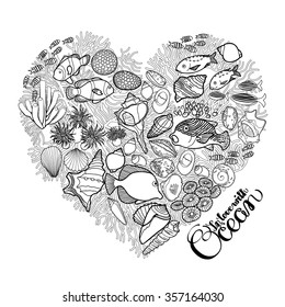 Ocean flora and fauna in the shape of heart. Fish, seashells, seaweed and corals drawn in line art style on white background. Coloring book page design for adults and kids
