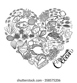 Ocean flora and fauna in the shape of heart. Fish, seashells, seaweed and corals drawn in line art style on white. Coloring book page design for adults and kids