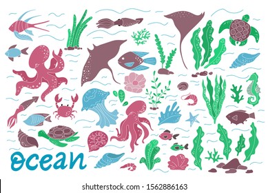 Ocean flora and fauna vector illustration. Marine inhabitants and seaweed. Sea plankton, crustacea, mollusks, fish and animals variety. Seabed dwellers and underwater plants. Undersea world