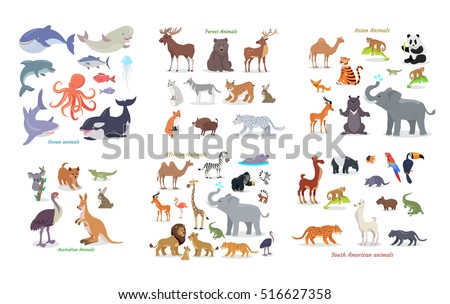 Ocean forest Asian Australian African South american animals. Set of vector cartoon creatures from doffernt continents. Illustrations in flat style