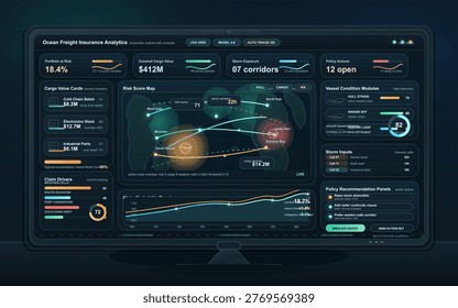 Ocean freight insurance analytics dashboard with marine risk map, cargo value cards and vessel condition monitoring