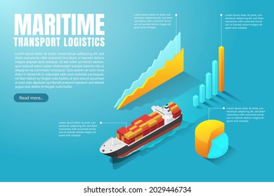 Ocean freight maritime transport logistics and container transportation, import-export transportation industry. logistics system infographic elements. isometric vector illustration.