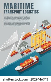 Seefrachtlogistik und Container mit Werkkranen, Import, Export, Werfttransport. isometrische Vektorgrafik.