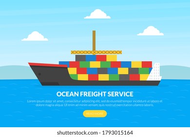 Ocean Freight Service Landing Page Template, Cargo Ship Container, Cargo Logistics and Transportation Homepage, Mobile App, Website Design Flat Vector Illustration