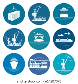 Ocean Freight Transportation Services, Set of Marine Freight Transportation Icons,Vector Illustration