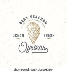 Ocean Fresh Oysters Abstract Vector Sign, Symbol or Logo Template. Hand Drawn Shellfish Mollusc with Premium Retro Typography. Vintage Vector Emblem Concept. Isolated.