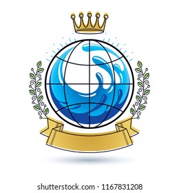 Ocean freshness theme vector logo. Water cleansing advertisement. Human and nature coexistence concept.