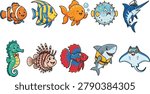 Ocean Friends Mega Character Set – 10 Cute and Colorful Vector Fish Mascots Including Clownfish, Pufferfish, Shark, Seahorse, Angelfish and Exotic Sea Creatures on White Background