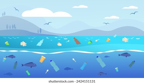 Ocean full with different garbage vector illustration. Bottles, packages, plastic cup and spoons causing harm to marine fauna. Environment, ecology, water pollution concept