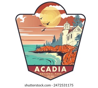 Ocean graphic print design. Acadia national park graphic print t shirt design. Acadia vintage artwork. Mountain with hidden house.