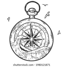 Ocean graphic vector illustration with compass, waves. Travel, outdoor, adventure, explore symbol.