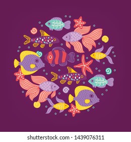 Ocean greeting card with fish, bubbles and shells on dark background. Circle ornament. Perfect for summer holiday invitation