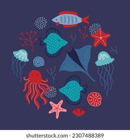 Ocean greeting card with fish, octopus, coral, shell, jellyfish, stingray, bubbles on dark background. Circle ornament. Perfect for summer holidays and decorations. Vector illustration