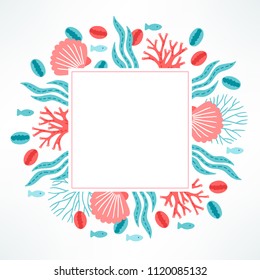 Ocean greeting card with fish, seaweed, coral, shell and square blank label. Perfect for summer and holiday invitations.
