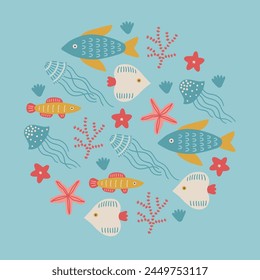 Ocean greeting card with fishes, starfishes, corals, jellyfish, seaweed on light blue background. Circle ornament. Perfect for summer holidays