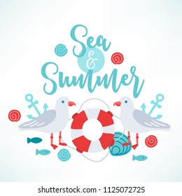 Ocean greeting card with seagull, lifebuoy, anchor, fish, shell. Perfect for greeting cards, summer invitation, holiday decoration