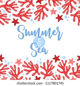 Ocean greeting card with seamless border - coral, bubble, starfish. Perfect for summer holidays