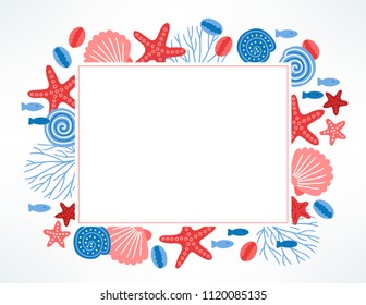 Ocean greeting card with shell, fish, starfish, coral and rectangle blank label. Perfect for summer and holiday invitations.