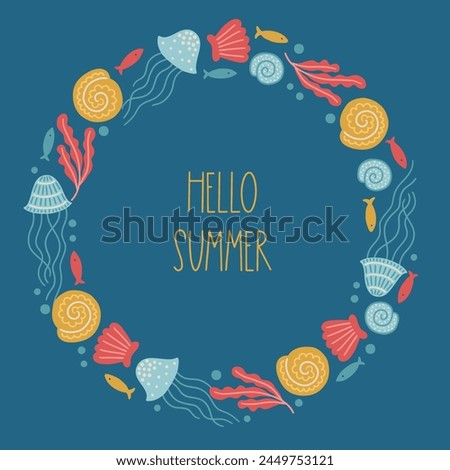 Ocean greeting card with shells, seaweeds, fishes, bubbles, jellyfishes on blue background. Circle frame. Perfect for summer holidays
