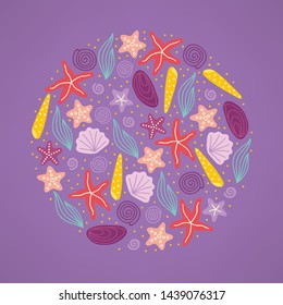 Ocean greeting card with starfish, shell, seaweed and bubbles on violet background. Circle ornament. Perfect for summer holiday invitation