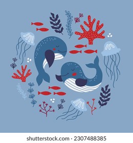 Ocean greeting card with whale, jellyfish, corals, fishes, seaweed on light blue background. Circle ornament. Perfect for summer holidays and decorations. Vector illustration