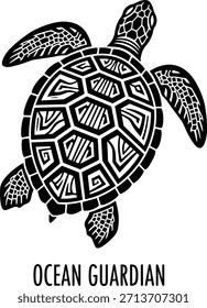 Tipografía del guardián del océano con la tortuga de mar para el diseño del logotipo de la naturaleza, insignia animal de la fauna marina, emblema acuático de la vida y aislado en la ilustración transparente del gráfico del agua