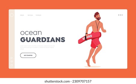 Ocean Guardians Landing Page Template. Lifeguard Male Character Sprints To Aid In Rescue Demonstrating Swift Action And Readiness To Assist In Critical Situations. Cartoon People Vector Illustration