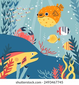 Ocean habitat vector images. Includes a variety of fish, algae, pufferfish, crabs and corals in a flat cartoon style suitable for educational materials for children.