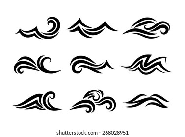 Ocean hand drawn waves isolated on white background. Vector collection