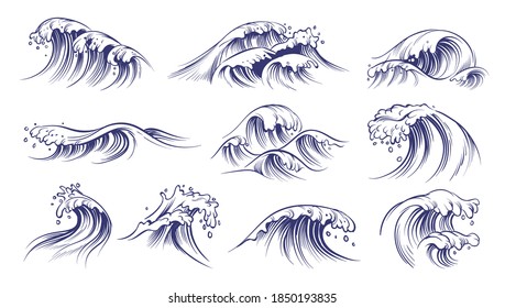 Ocean hand drawn waves. Sketch style sea storm blue water, curly foamy splashes, tsunami and tide vintage collection, surfing and beach season decorative surge wave vector marine isolated on white set