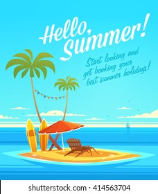 The Ocean Heals Everything. Summertime quote. Summer Holidays poster, background with small island, deckchair, sun umbrella, sandy beach, palms and the ocean. Vector illustration.