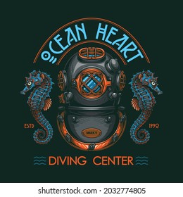 "Ocean heart. Diving center" - poster design. Colorful vector illustration in engraving technique of "Mark V" vintage diving helmet, sea horses and lettering. Isolated on black. 