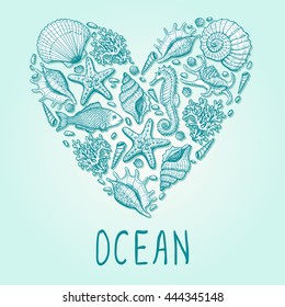 Ocean heart. Original hand drawn illustration in vintage style