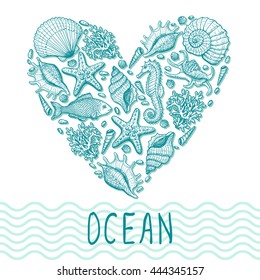 Ocean heart. Original hand drawn illustration in vintage style