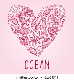 Ocean heart. Original hand drawn illustration in vintage style