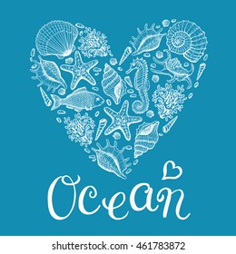 Corazón oceánico. Ilustración dibujada a mano original en estilo vintage