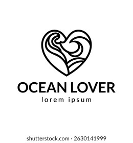 Ocean Heart Vector Logo Flat Symbol. Love Water or Sea Wave Branding Concept.	