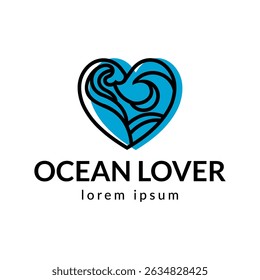 Ocean Heart Vector Logo Flat Symbol. Love Water or Sea Wave Branding Concept.	