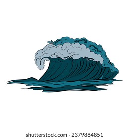 Ocean high wave. Hand drawn doodle illustration. Sea wave with splash. Sea breeze. Isolated object.  