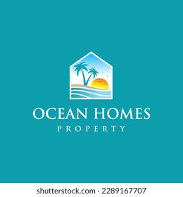 Ocean homes logo design template. Beach, palm, wave, sun element design
