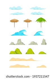 Ocean horizon, clouds and green trees cartoon vector illustration set. Isolated cartoon landscape beach constructor