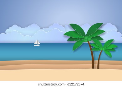 Ocean with horizon and coconut tree on beach , paper art style