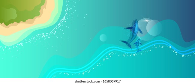Ocean horizontal background with blue humpback whale and its baby near the tropical island. Ecological concept in flat style. Marine top view banner with water, wave, plankton and flare. 